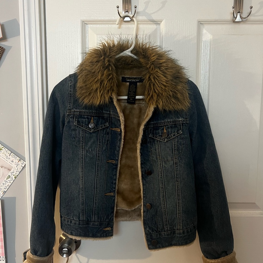 Abercrombie & Fitch Blue Denim Jacket with Brown Faux Fur